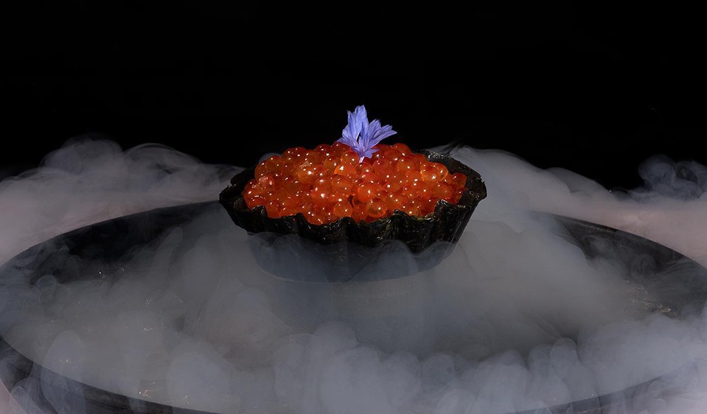 A dish surrounded by dry ice from Restaurant Journey